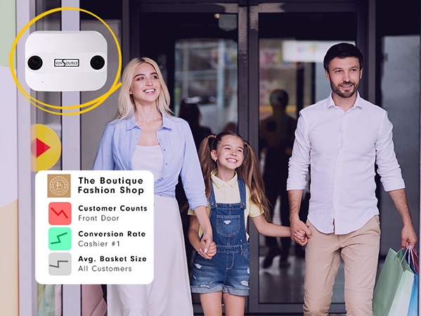 family shopping at a retail store with a people counting sensor collecting data on foot traffic
