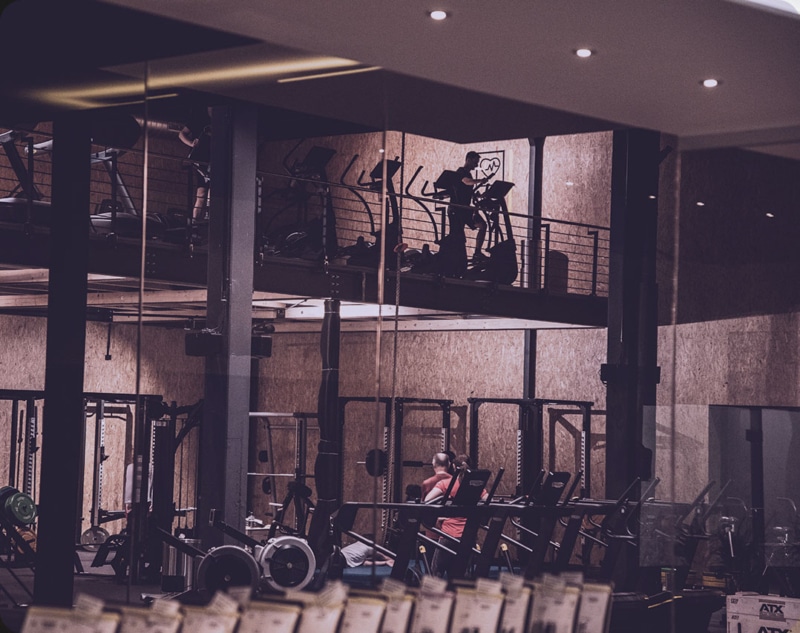 A 24/7 fitness center with glass walls that’s closed after hours